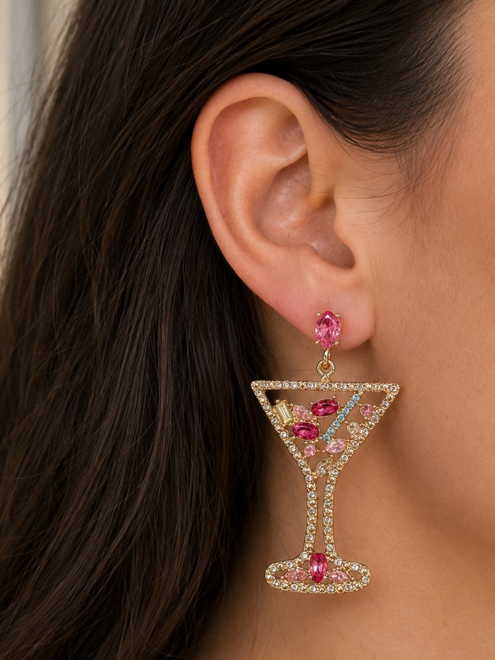 Statement Martini Glass Rhinestone Drop Earrings | Pink Multicolor Crystal